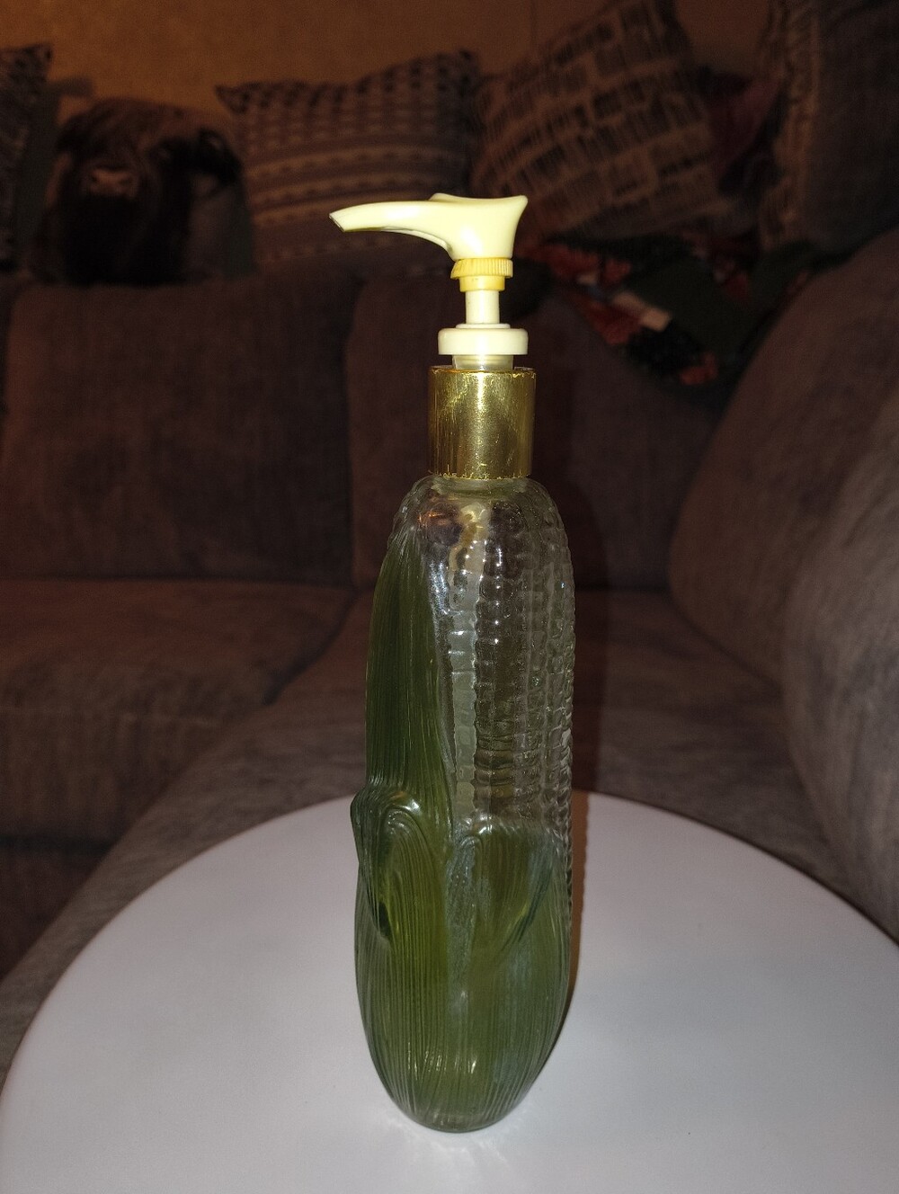 Green Glass Liquid Soap Dispenser with Gold Accent